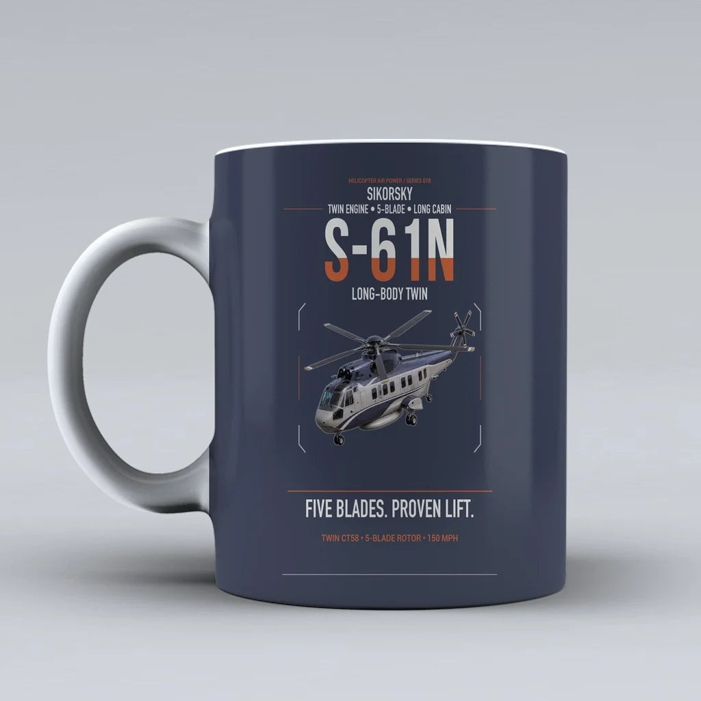 Sikorsky S-61N design on dark blue ceramic mug, double-side print