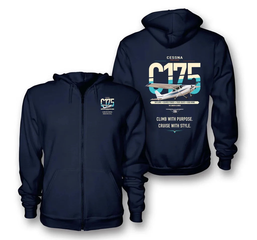 Cessna 175 Skylark design on navy blue premium zipped hoodie, double-side print