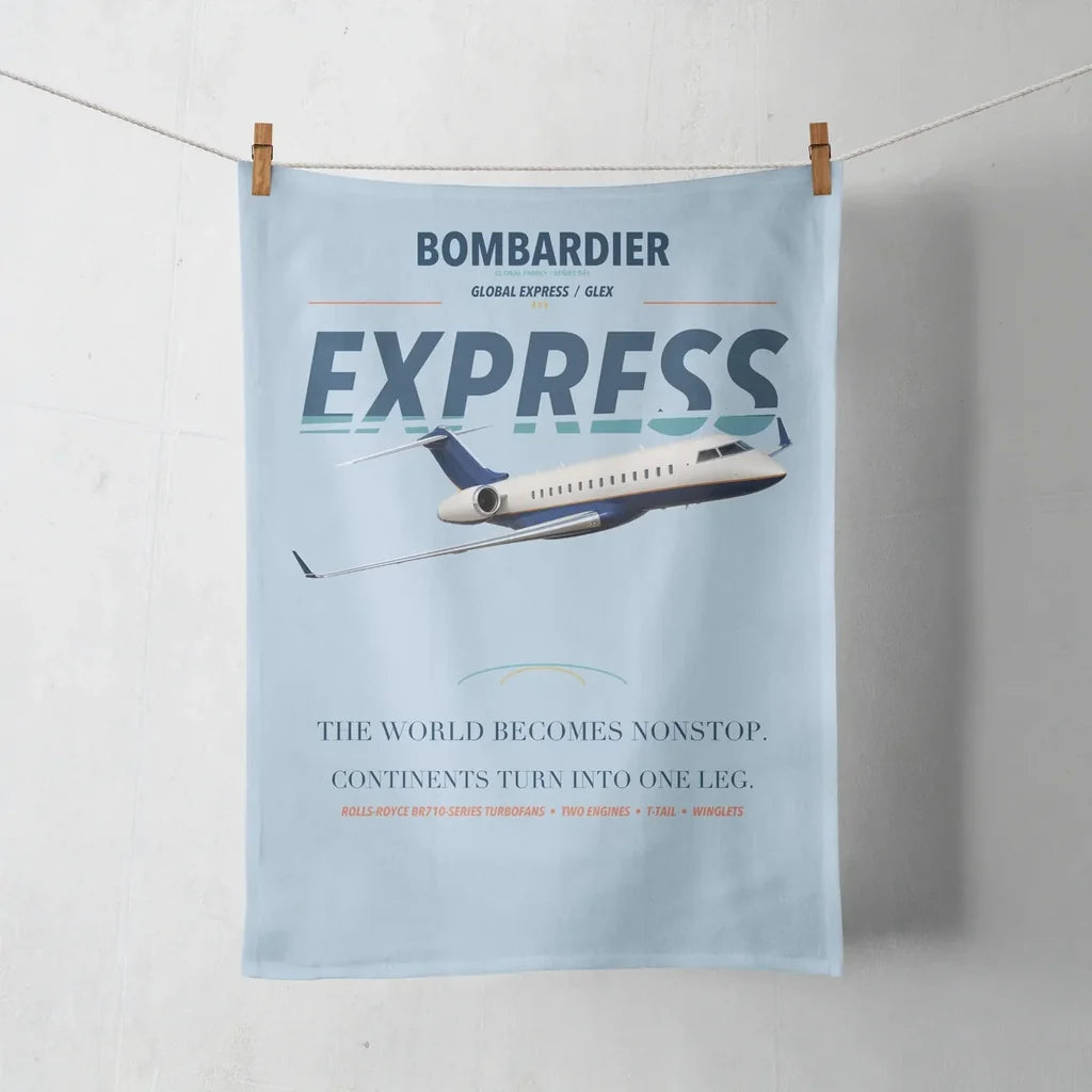 Bombardier Global Express design on light blue towel