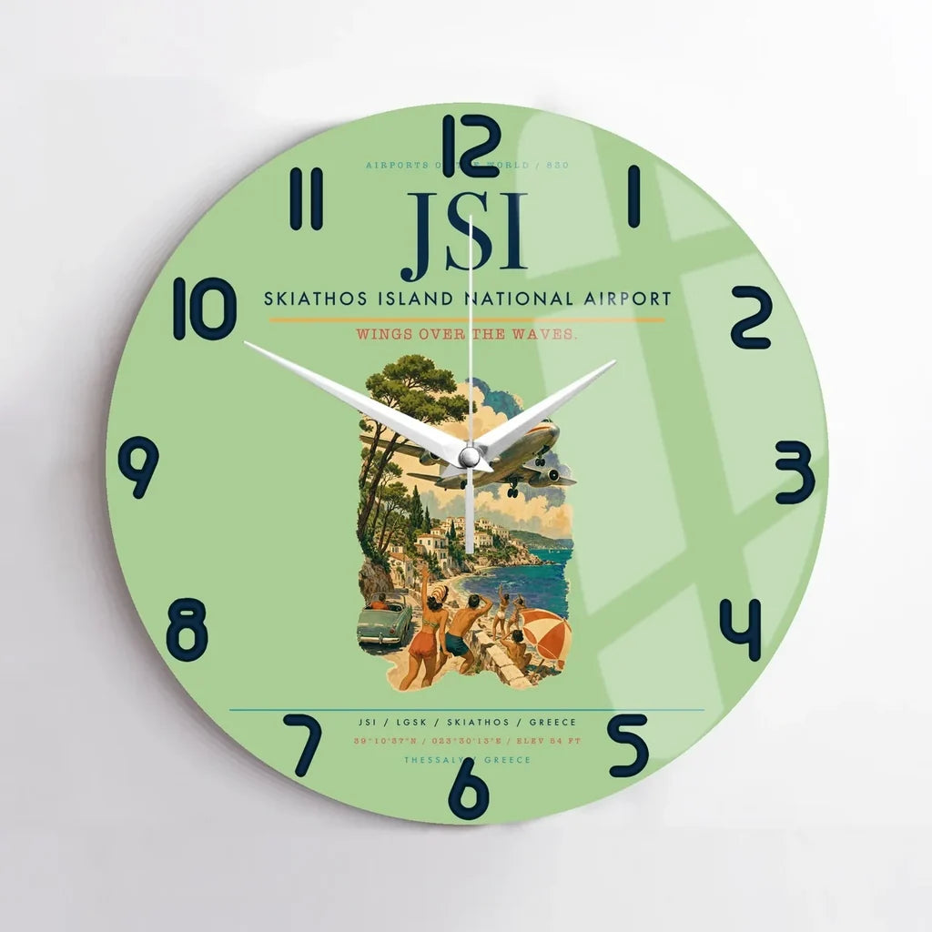 Skiathos Island National Airport (JSI) design on light green no frame wall clock