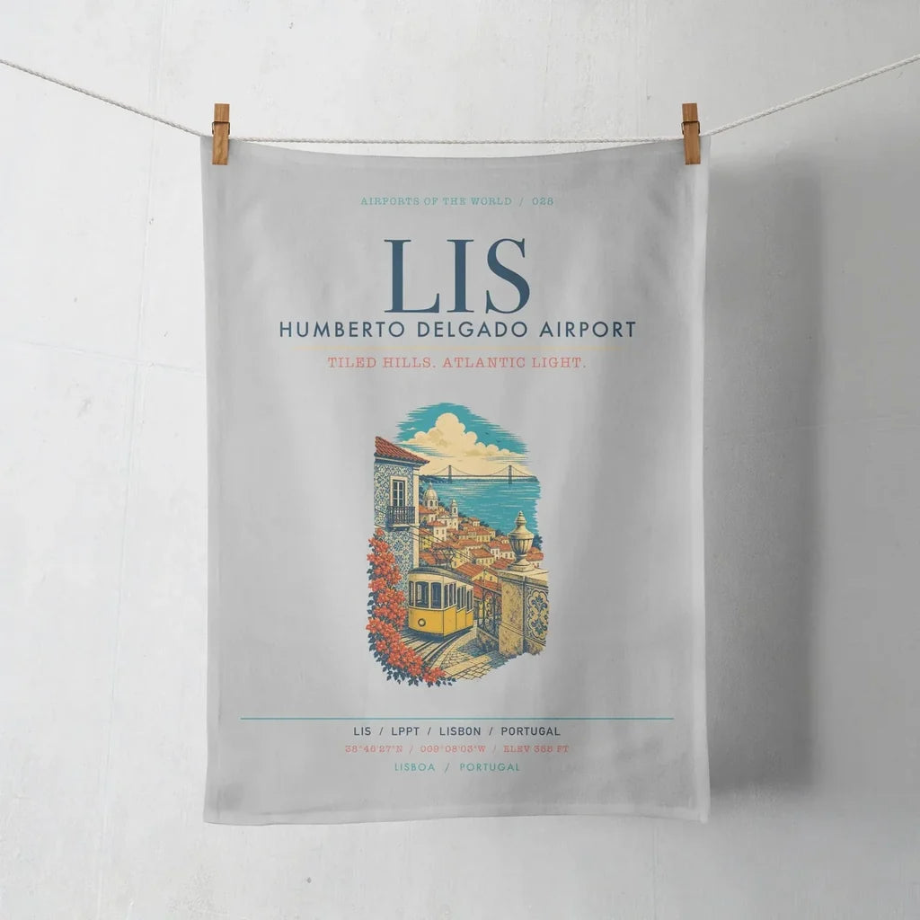 Lisbon Humberto Delgado Airport (LIS) design on light gray towel