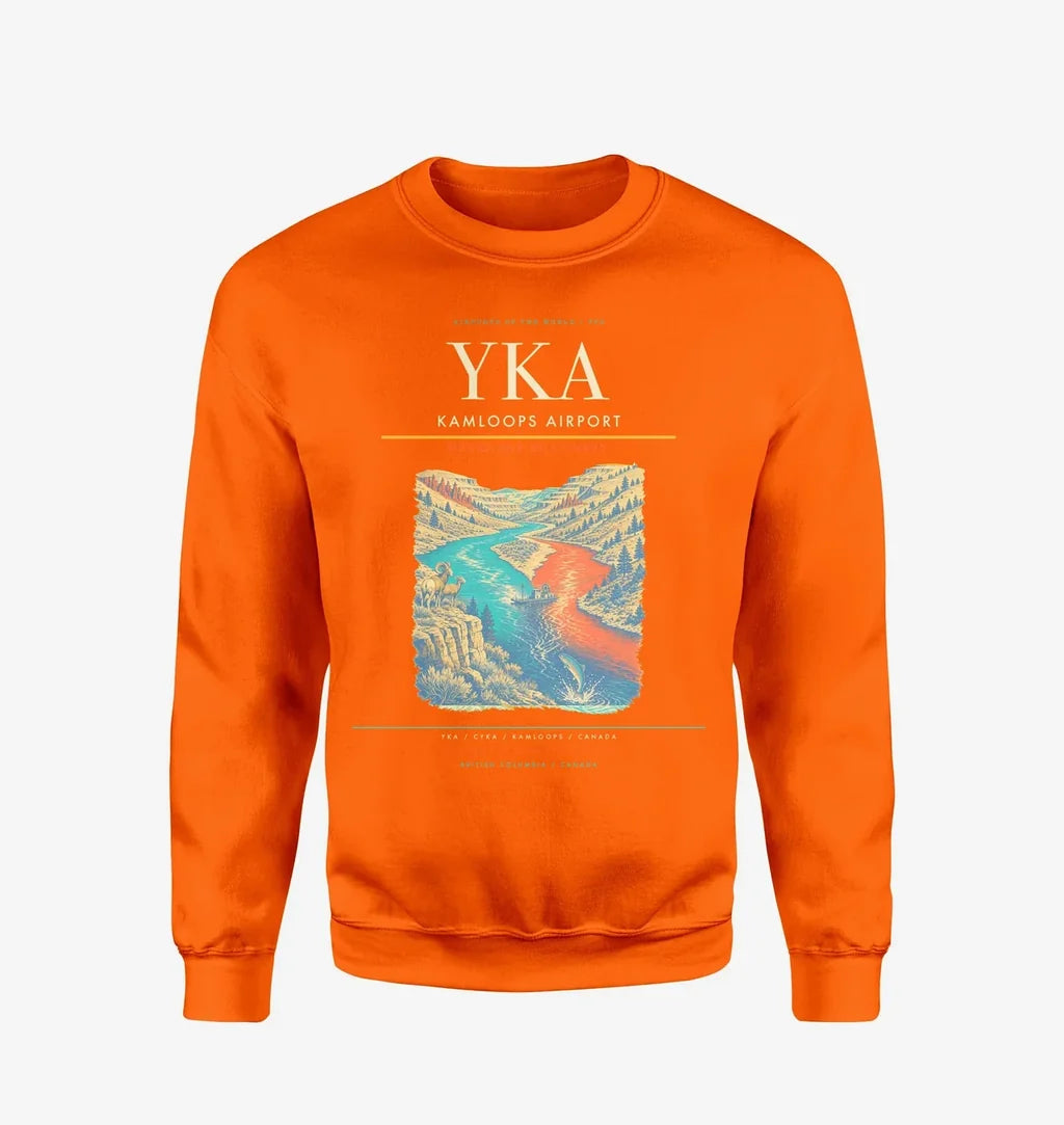 Kamloops Airport (YKA) design on orange sweatshirt