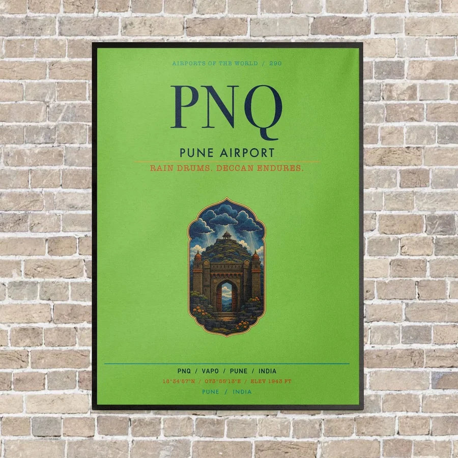 Pune Airport PNQ vertical canvas print - framed - light green background