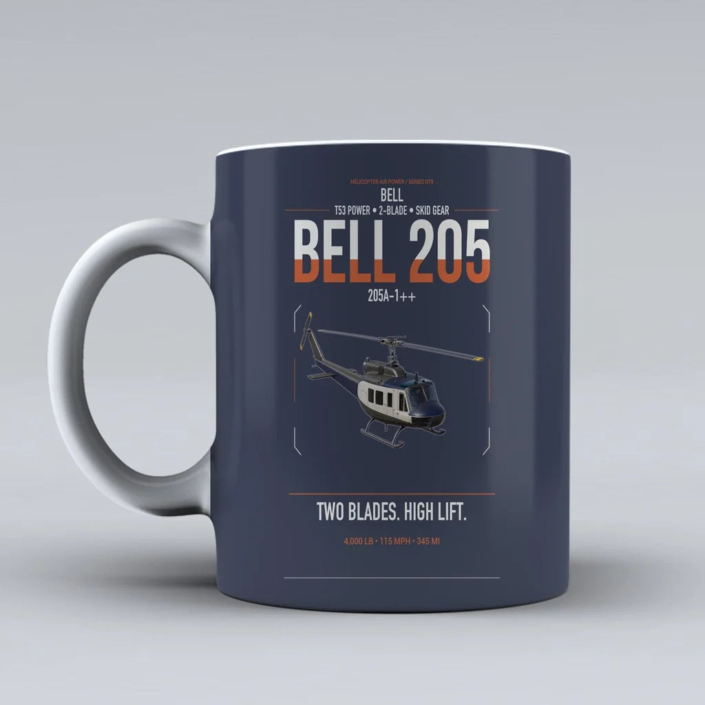 Bell 205A-1++ design on dark blue ceramic mug, double-side print