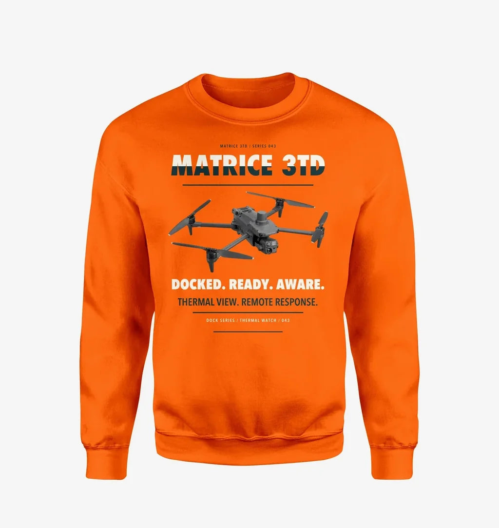 DJI Matrice 3TD design on orange sweatshirt
