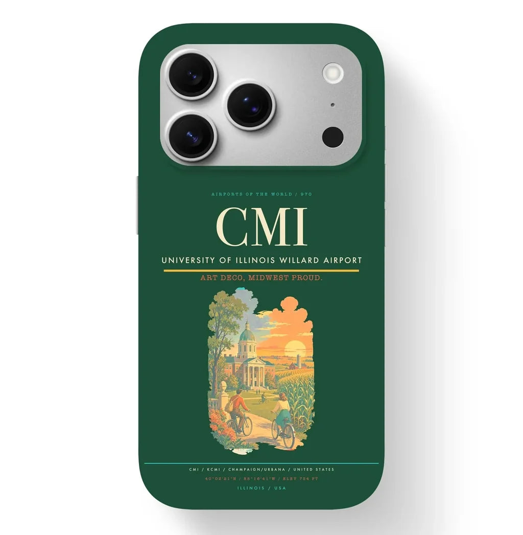 Champaign/Urbana Airport (CMI) design on dark green iPhone 17 Pro MagSafe case