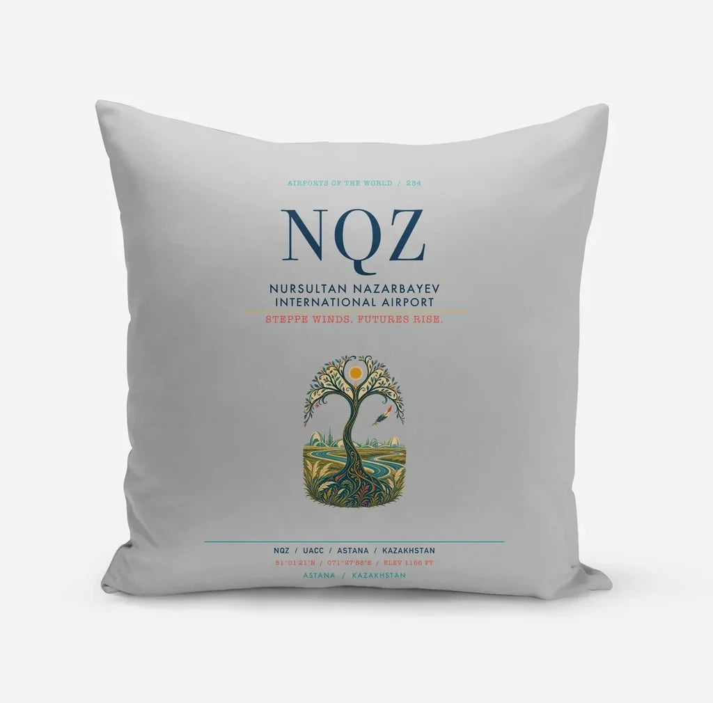 Nursultan Nazarbayev International Airport Astana (NQZ) design on light gray pillow