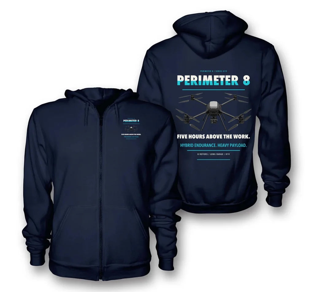 Skyfront Perimeter 8 design on navy blue zipped hoodie