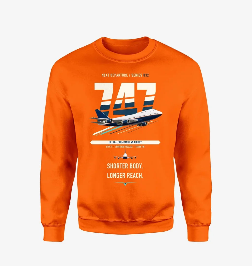 Boeing 747SP design on orange sweatshirt