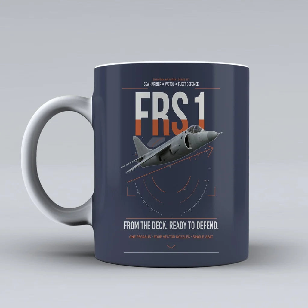 British Aerospace Sea Harrier FRS.1 design on dark blue ceramic mug, double-side print