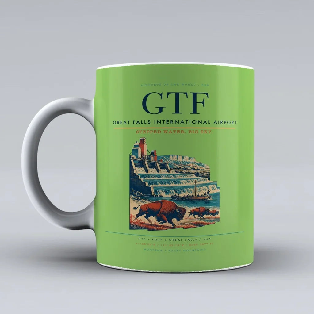 Great Falls International Airport (GTF) airport code design on light green ceramic mug
