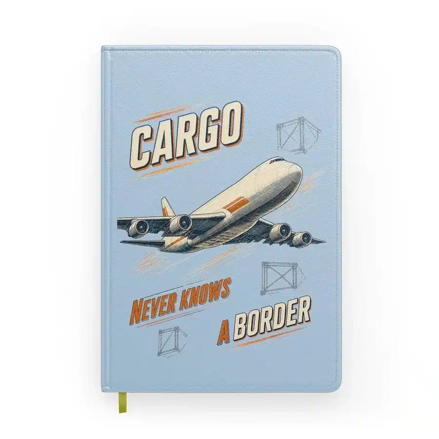 Cargo Never Knows A Border design on light blue notebook