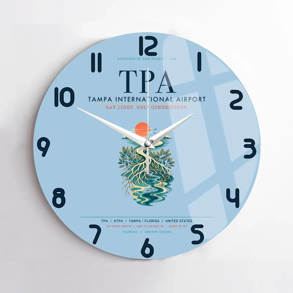 Tampa International Airport (TPA) design on light blue no frame wall clock