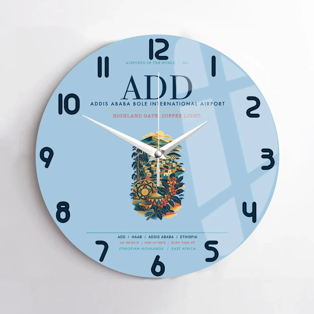 Addis Ababa Bole International Airport (ADD) design on light blue no frame wall clock