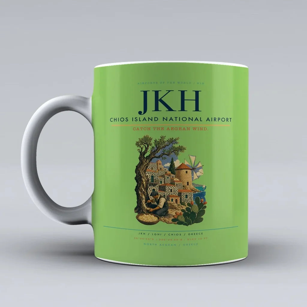 Chios Island National Airport (JKH) airport code design on light green ceramic mug