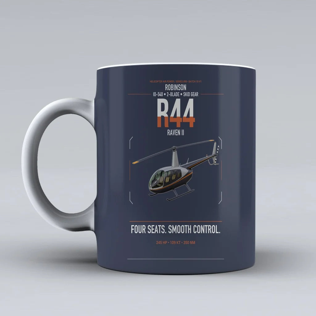 Robinson R44 Raven II design on dark blue ceramic mug, double-side print