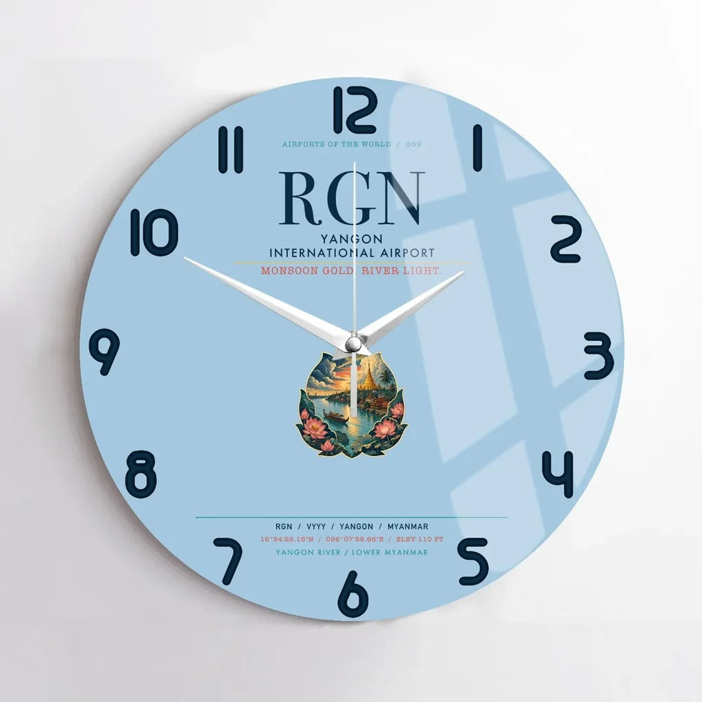 Yangon International Airport (RGN) design on light blue no frame wall clock