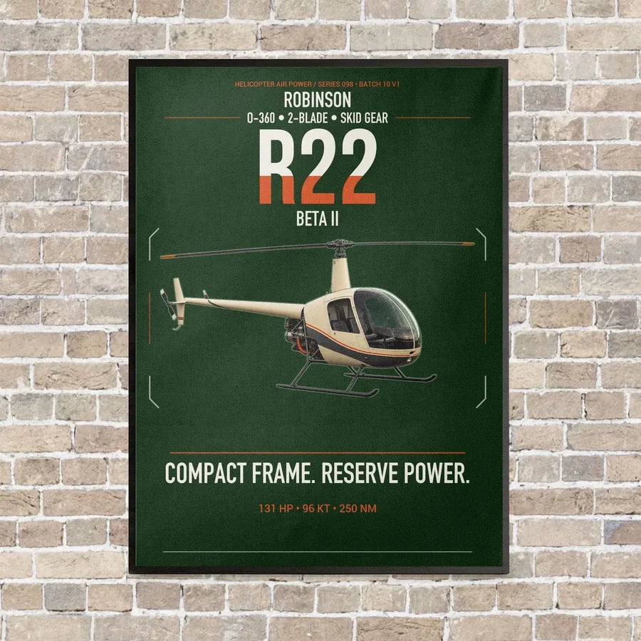 Robinson R22 Beta II vertical canvas print - framed - dark green background