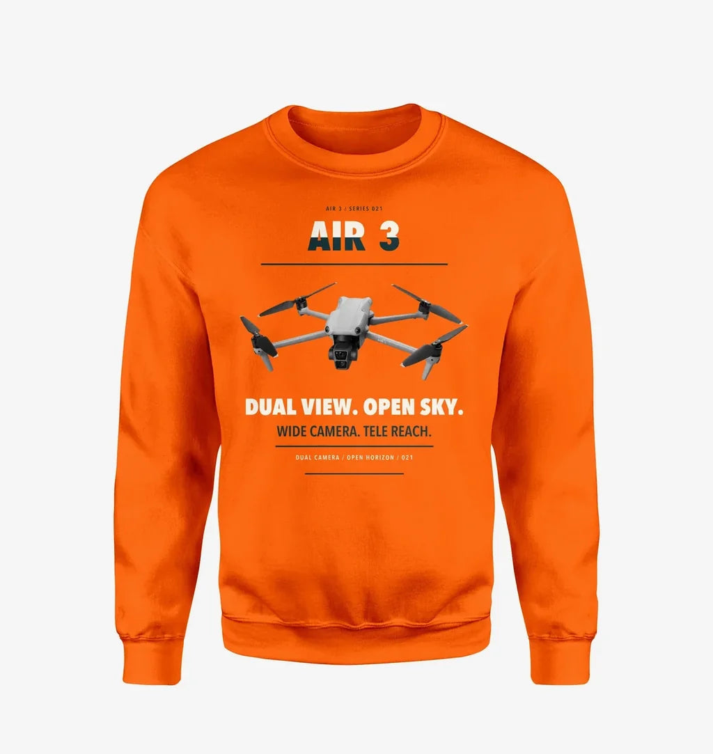DJI Air 3 design on orange sweatshirt