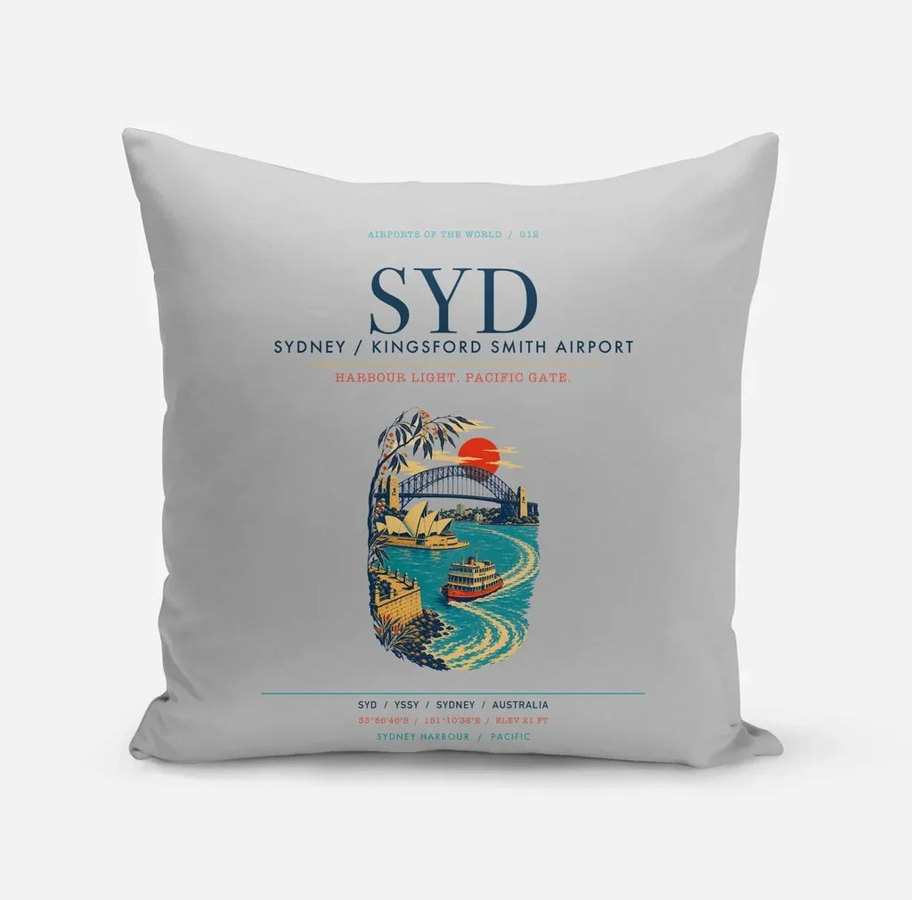 Sydney Kingsford Smith Airport (SYD) design on light gray pillow
