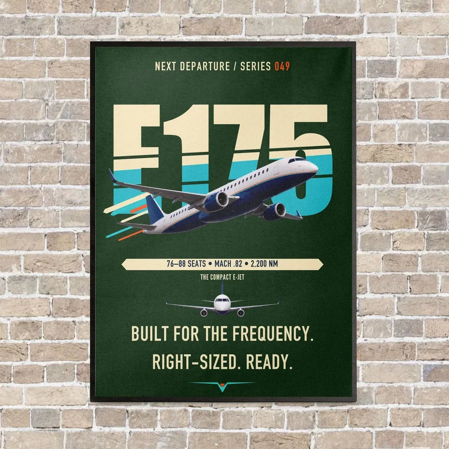 Embraer E175 vertical canvas print - framed - dark green background