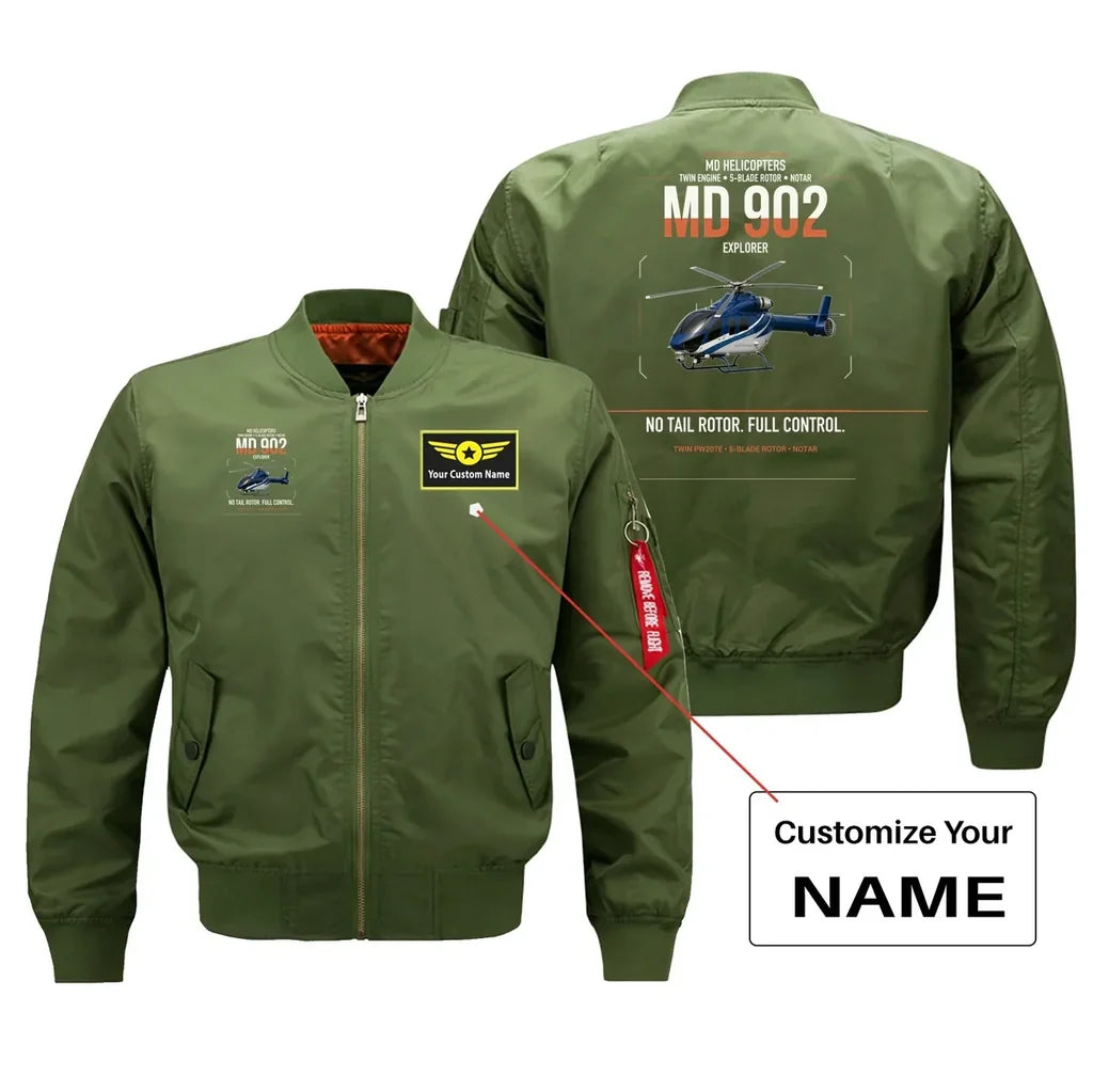 MD Helicopters MD 902 Explorer design on green+name bomber jacket, double-side print