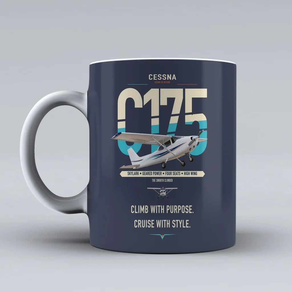 Cessna 175 Skylark design on dark blue ceramic mug, double-side print