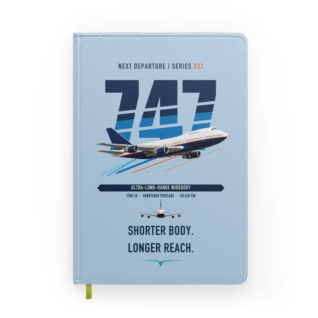 Boeing 747SP design on light blue notebook