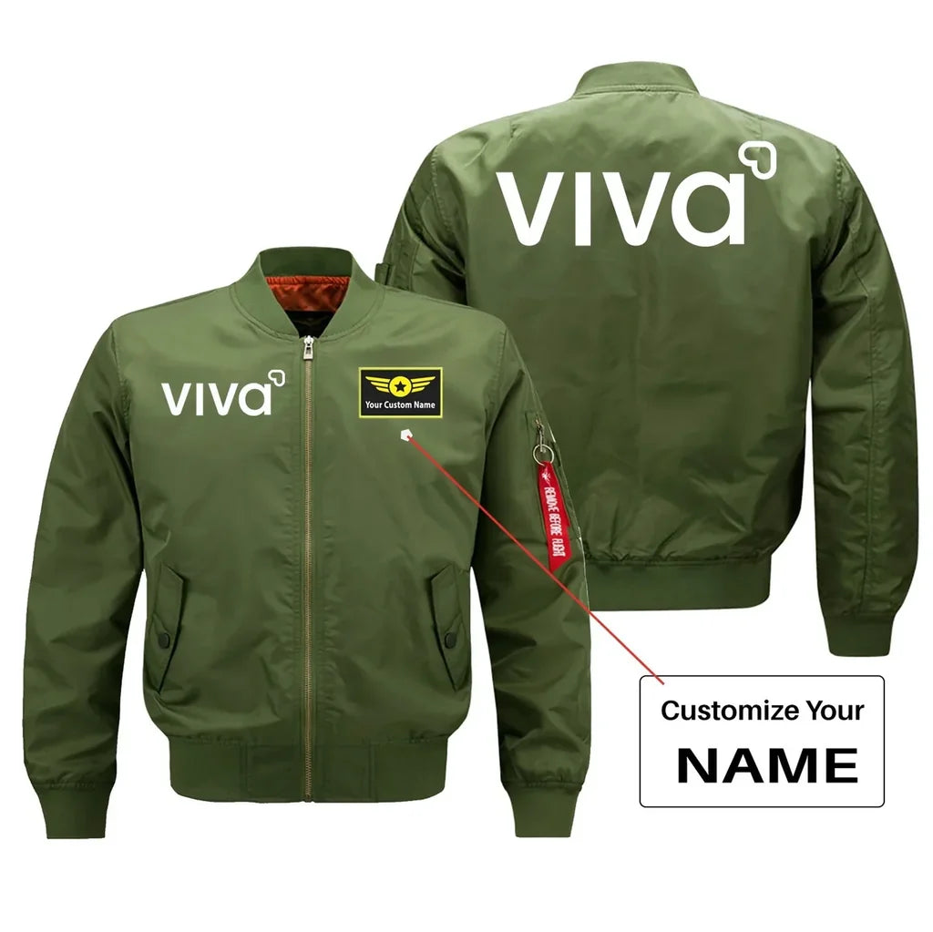 Viva Aerobus aviation design with custom name embroidered on green bomber jacket