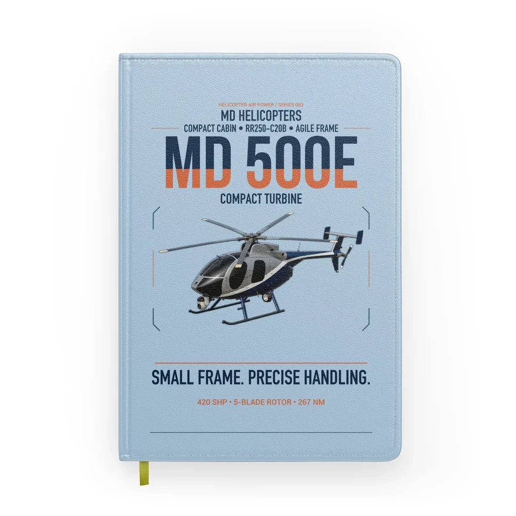 MD Helicopters MD 500E design on light blue notebook