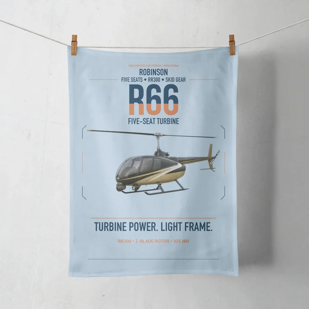Robinson R66 design on light blue towel