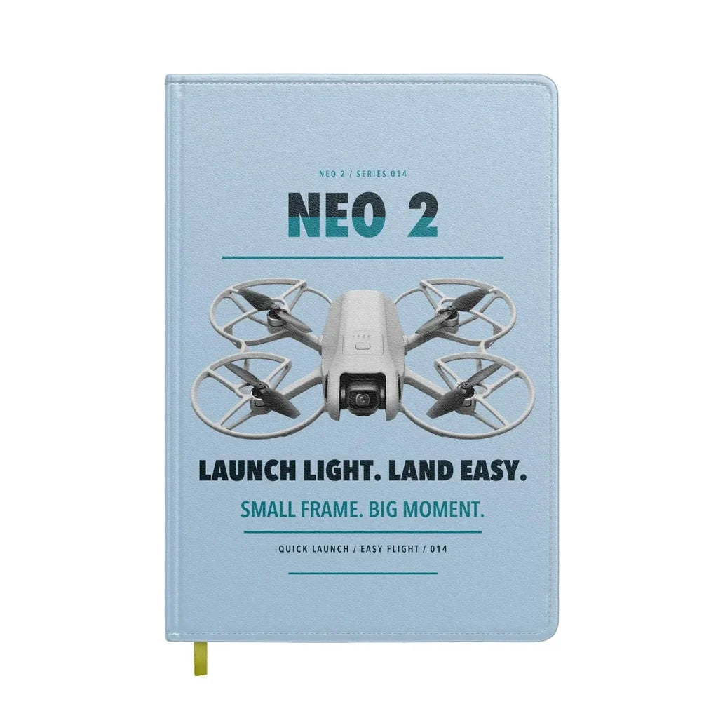 DJI Neo 2 design on light blue notebook