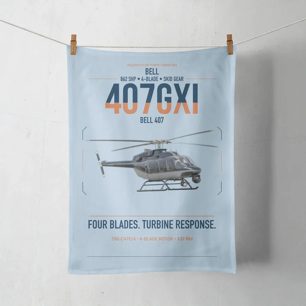 Bell 407GXi design on light blue towel