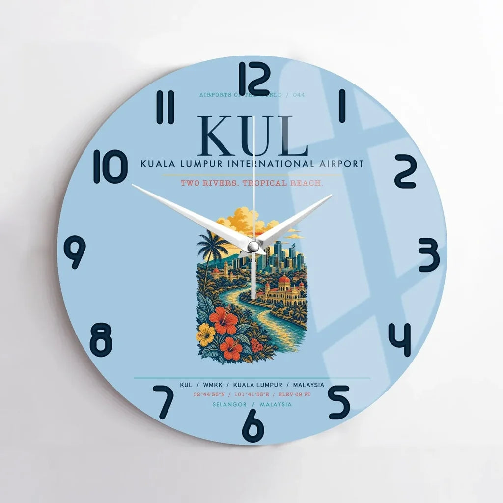 Kuala Lumpur International Airport (KUL) design on light blue no frame wall clock