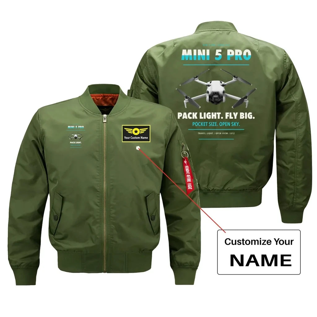 DJI Mini 5 Pro design on green bomber with custom name badge