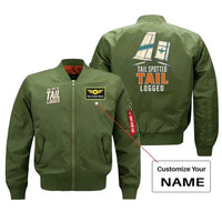 Thumbnail for SIGNAL 513 - Tail Spotted Tail Logged - Bomber Jacket design on green bomber jacket with custom name badge