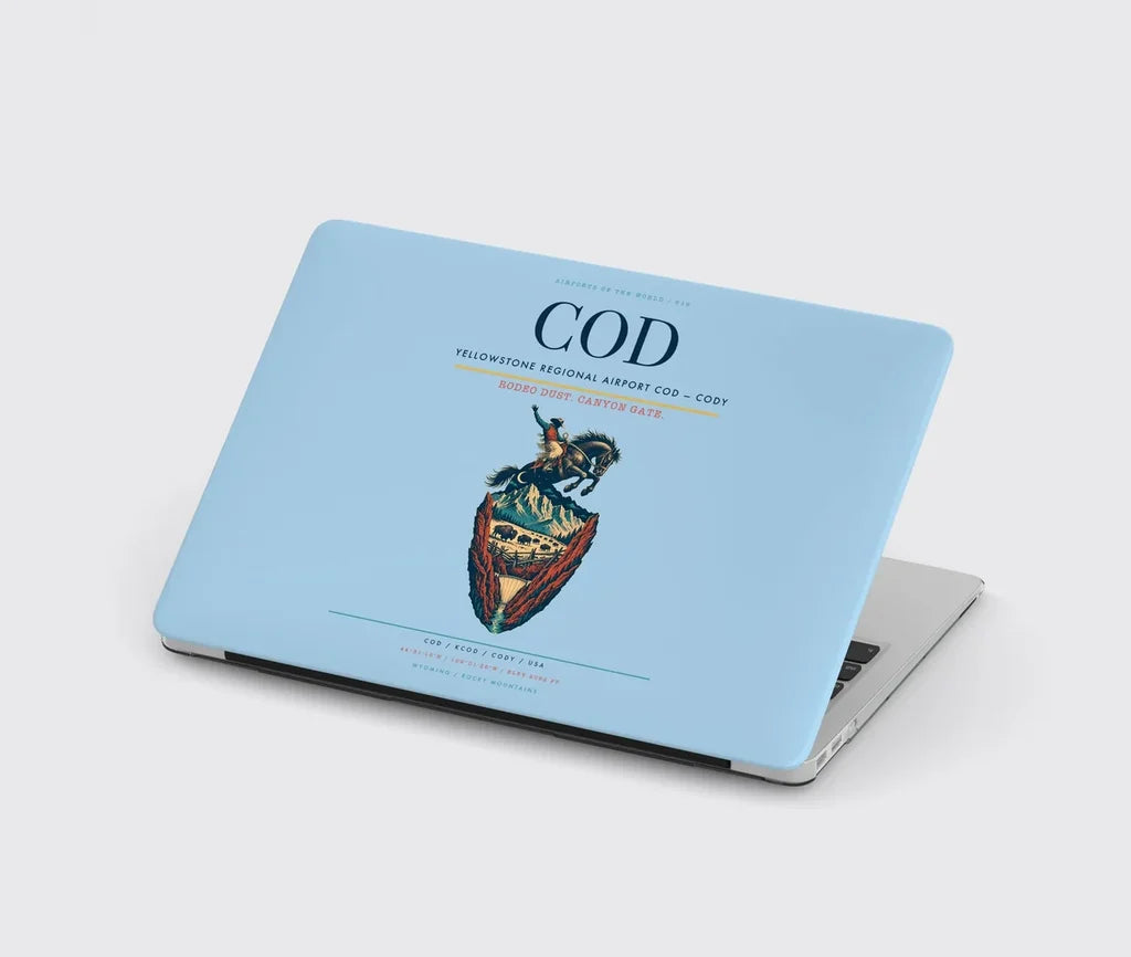 Yellowstone Regional Airport (COD) design on light blue MacBook case