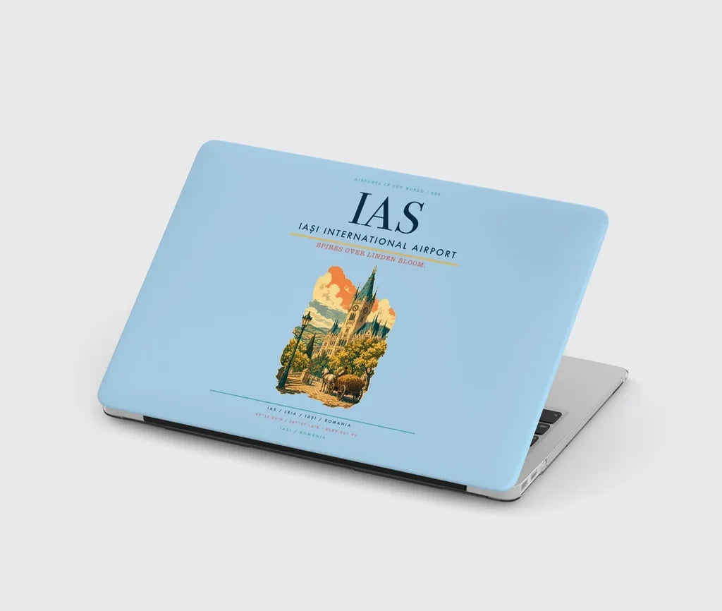 Iași International Airport (IAS) design on light blue MacBook case