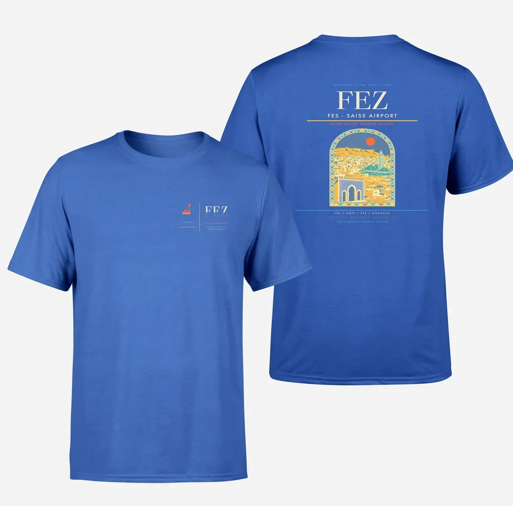 Fes (FEZ) design printed on blue double-side t-shirt