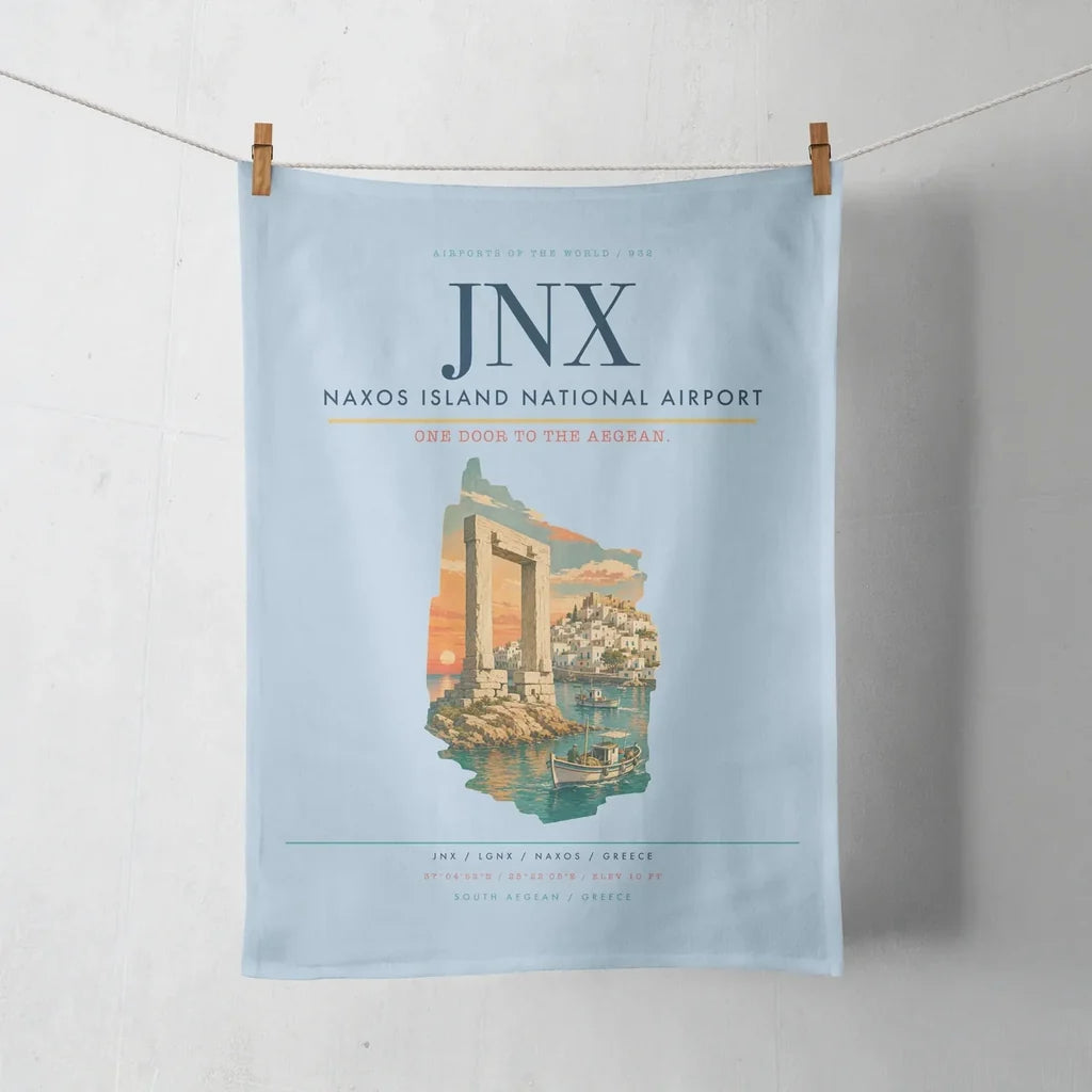 Naxos Island National Airport (JNX) design on light blue towel