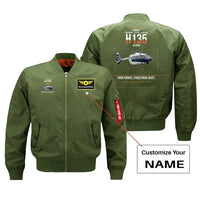 Thumbnail for Airbus H135 design on green+name bomber jacket, double-side print