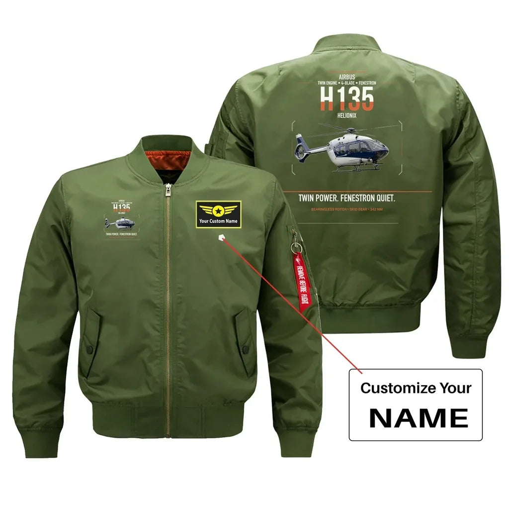 Airbus H135 design on green+name bomber jacket, double-side print