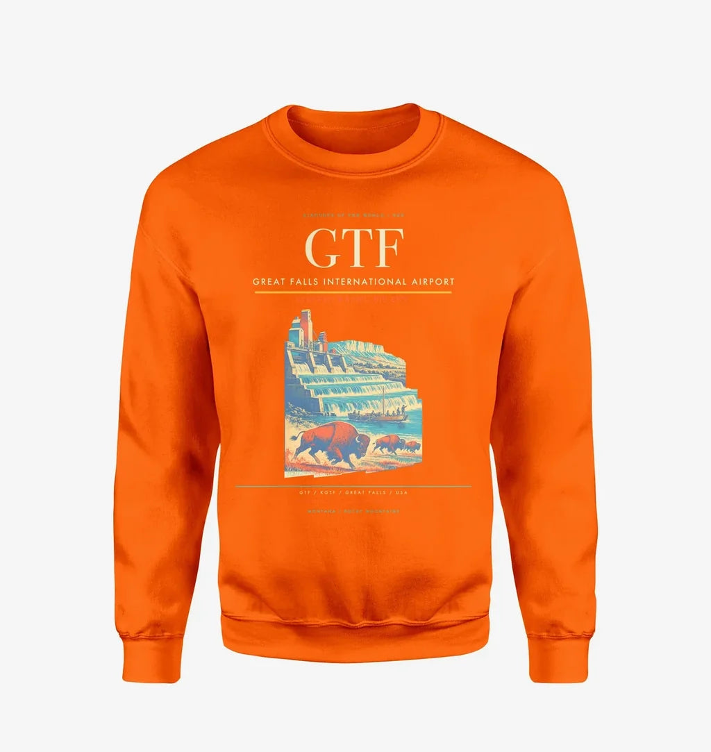 Great Falls International Airport (GTF) design on orange sweatshirt