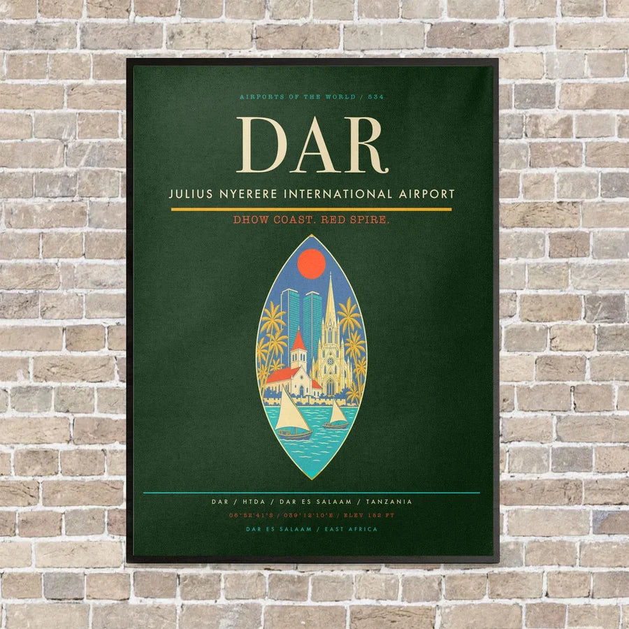 Julius Nyerere International Airport DAR vertical canvas print - framed - dark green background