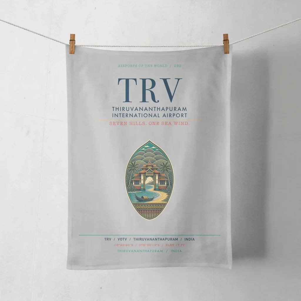 Thiruvananthapuram International Airport (TRV) design on light gray towel