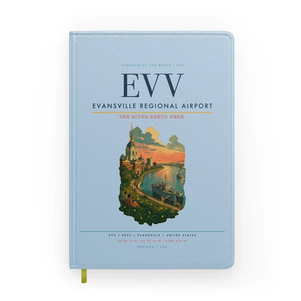 Evansville Regional Airport (EVV) design on light blue notebook