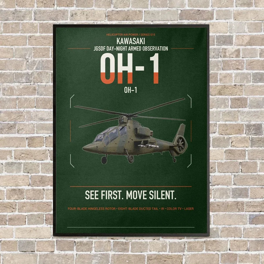 Kawasaki OH-1 vertical canvas print - framed - dark green background