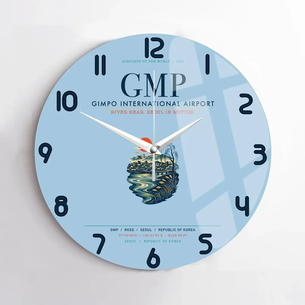 Gimpo International Airport (GMP) design on light blue no frame wall clock