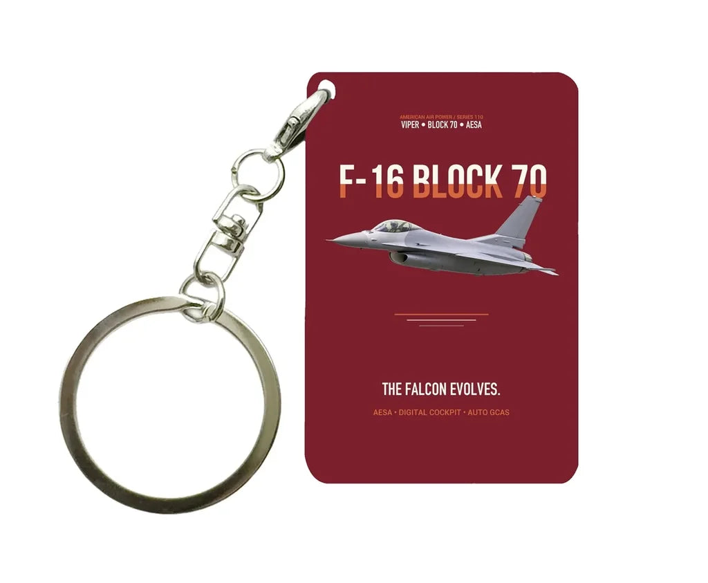 F-16 BLOCK 70 FIGHTING FALCON Key Chain design on dark red key chain