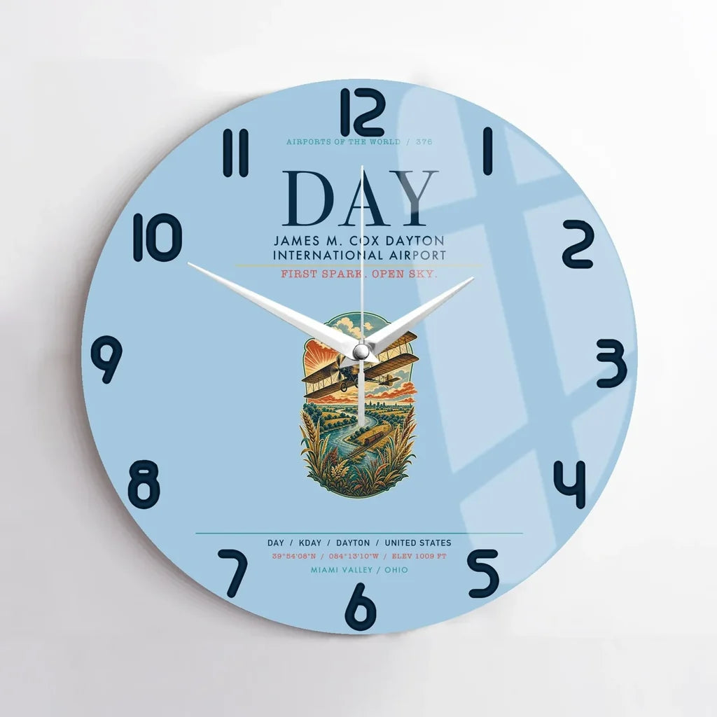 James M. Cox Dayton International Airport (DAY) design on light blue no frame wall clock